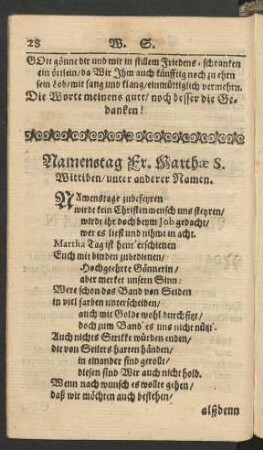 Namenstag Fr. Marthae S. Wittiben/ unter anderer Namen