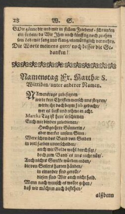 Namenstag Fr. Marthae S. Wittiben/ unter anderer Namen