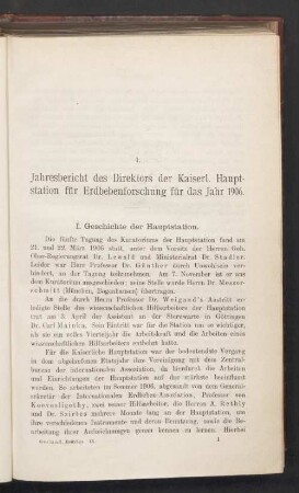 I. Jahresbericht des Direktors der Kaiserl. Hauptstation für Erdbebenforschung für das Jahr 1906