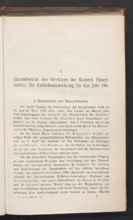 I. Jahresbericht des Direktors der Kaiserl. Hauptstation für Erdbebenforschung für das Jahr 1906