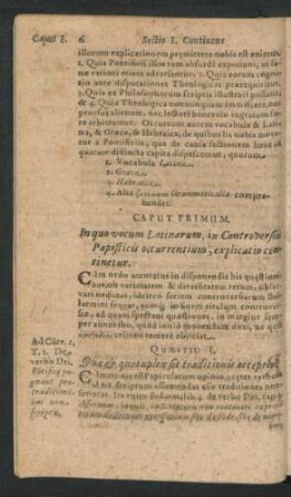 Caput Primum. In quo vocum Latinarum, in Controversiae Papisticis occurrentium, explicatio continetur.
