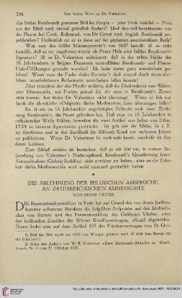 Neue Folge 33 = Jahrgang 57: Die Ablehnung der belgischen Ansprüche an österreichischen Kunstbesitz