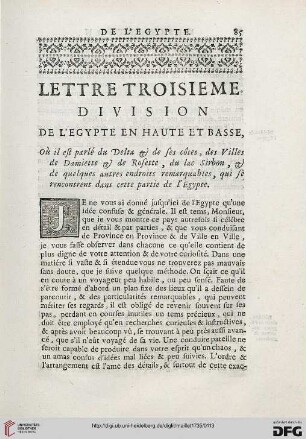 Lettre troisième: Division de l'Égypte en haute et basse