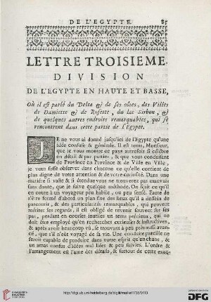 Lettre troisième: Division de l'Égypte en haute et basse