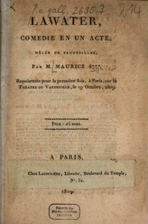 Lawater : Comédie en un acte, mêlée de vaudevilles