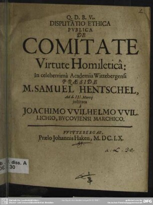 Disputatio ethica publica de comitate Virtute Homiletica