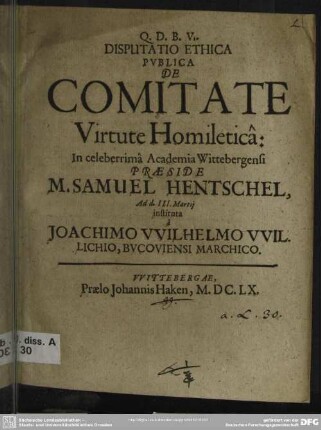 Disputatio ethica publica de comitate Virtute Homiletica
