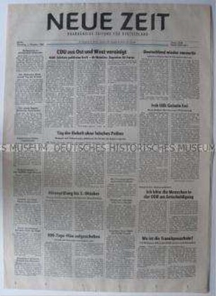 Tageszeitung der CDU (DDR) "Neue Zeit" u.a. zur Vereinigung der CDU und zur bevorstehenden Vereinigung der beiden deutschen Staaten