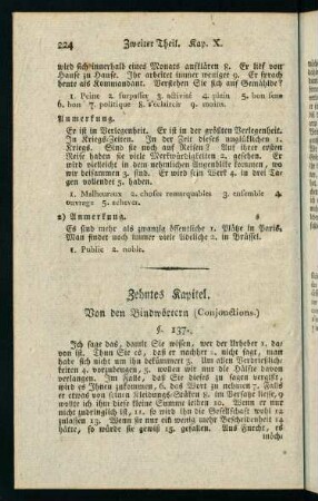 224-225, Zehntes Kapitel. Von den Bindwörtern (Conjonctions.)