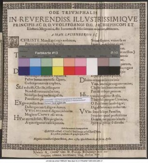 Ode triumphalis, in ... Wolffgangi archiepiscopi et electoris Moguntini, &c. honorem & felicissimum auspicium, decantata [20.April 1582]