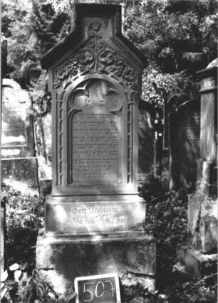 Grabstein 507 (Index: 99895519) Material: Sandstein Zustand: gut Maße HxBxT: 172x51x20 cm Beschreibung: Stele mit giebelartigem Abschluss, rechteckig erhöht; profilierter Sockel Symbolik: Weinranken, -trauben: Grabstein 507 (1)