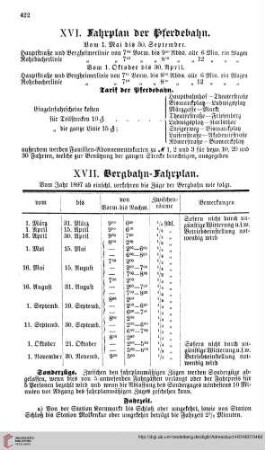 Fahrplan der Pferdebahn; Bergbahn-Fahrplan