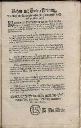 Schau- und Siegel-Ordnung, Wornach die Strumpfmacher zu Hameln sich gebührend zu achten haben : Hannover, den 8. Decembr. 1746.