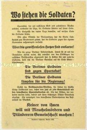 Flugblatt über die Rolle der Berliner Soldaten im Januaraufstand 1919