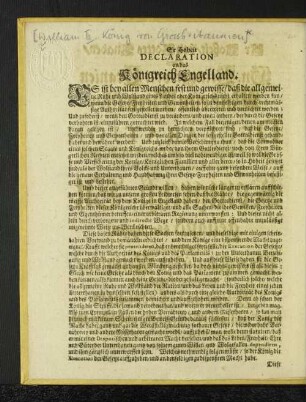 Sr Hoheit Declaration an das Königreich Engelland.