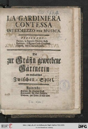 La Gardiniera Contessa : Intermezzo Per Musica