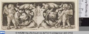 Schild von zwei Putten gehalten mit Laubwerk, Querfüllung