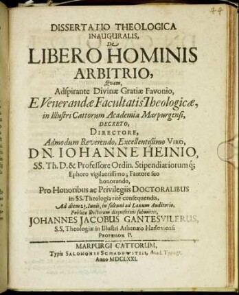 Dissertatio Theologica Inauguralis De Libero Hominis Arbitrio