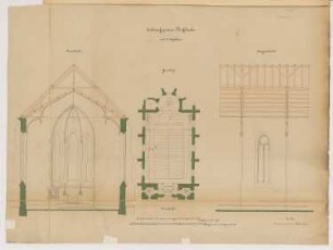 Dorfkirche mit 300 Sitzplätzen Monatskonkurrenz Januar 1865: Grundriss, (Teil-)Längsschnitt, Querschnitt (Richtung Altar); 2 Maßstabsleisten