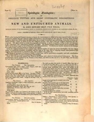 Spicilegia Zoologica or original figures and short systematic descriptions of new and unfigured animals, 1