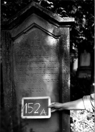 Grabstein 152 (Index: 100109764) Material: Sandstein Zustand: leicht verwittert Maße HxBxT: 197x64x24 cm Beschreibung: Stele, getreppter Sockel, giebelartiger Abschluß mit Verdachung, Schriftfeld eingetieft: Grabstein 152A