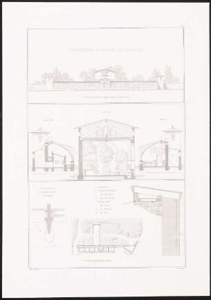 Treibhäuser im Garten zu Glienicke: Lageplan, Ansicht, Schnitte (aus: Architektonisches Album, Bd. 1, H.9, hrsg.v. Stüler, Knoblauch, Salzenberg, Strack, 1842)