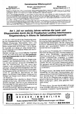 Am 1. Juli vor sechzig Jahren verloren die Land- und Elbgemeinden durch die im Preußischen Landtag beschlossene Eingemiendung in Altona ihr Selbstbestimmungsrecht