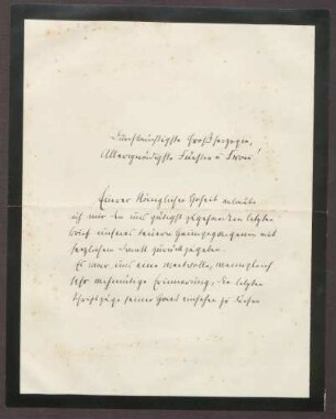 Schreiben von Otto Frommel an die Großherzogin Luise; Dank für die Anteilnahme am Tod von Albert Helbing