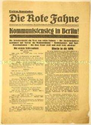 Extra-Ausgabe des kommunistischen Zentralorgans "Die Rote Fahne" mit ersten Wahlergebnissen der Berliner Stadtverordnetenversammlung, Berichten vom Wahltag und Beitrittsaufruf an die Arbeiter zur Kommunistischen Partei Deutschlands
