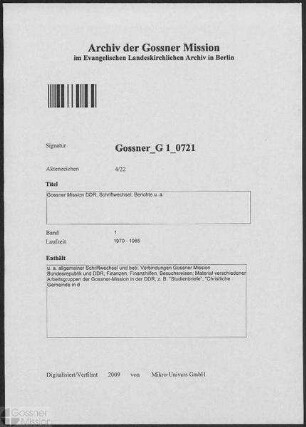 Gossner Mission DDR, Schriftwechsel, Berichte u. a.