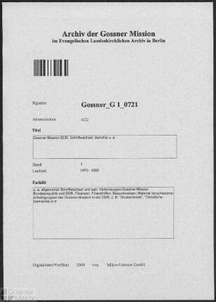 Gossner Mission DDR, Schriftwechsel, Berichte u. a.