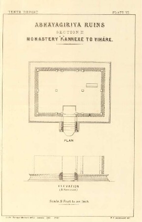 Plate VII. Abhayagiriya ruins. Section II. Monastery "F": Annexe to Viháre. Plan. Elevation (A. removed).