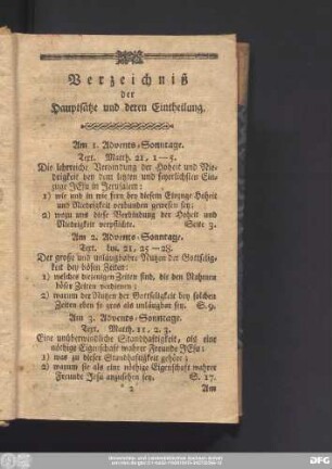 Verzeichniß der Hauptsätze und deren Eintheilung.