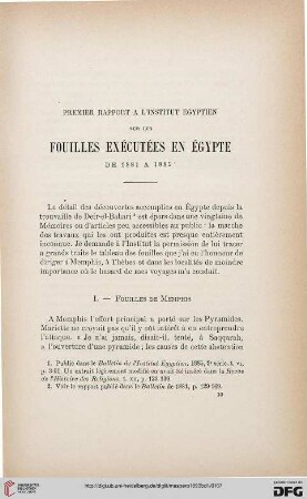 Premier raport à l'Institut Égyptien sur les fouilles ecécutées en Égypte de 1881 à 1885
