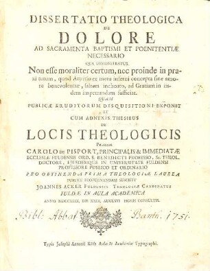 Dissertatio Theologica De Dolore Ad Sacramenta Baptismi Et Poenitentiae Necessario