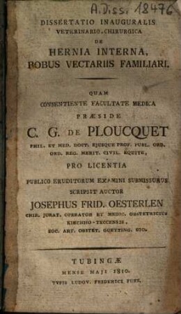Dissertatio Inauguralis Veterinario-Chirurgica de hernia interna bobus vectariis familiari