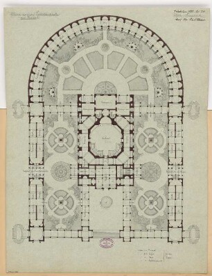 Gedächtnishalle Monatskonkurrenz Februar 1881: Lageplan mit Grundriss Erdgeschoss