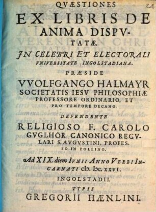 Qvaestiones Ex Libris De Anima Dispvtatae