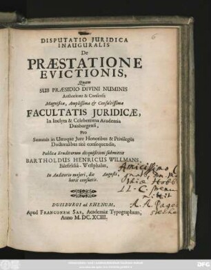Disputatio Iuridica Inauguralis De Praestatione Evictionis