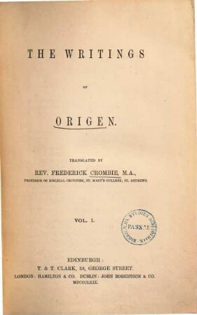 The writings of Origen, 1