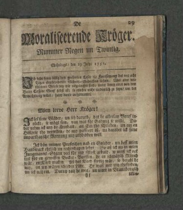 Nummer Regen un Zwintig. Mahndags den 19. July 1751