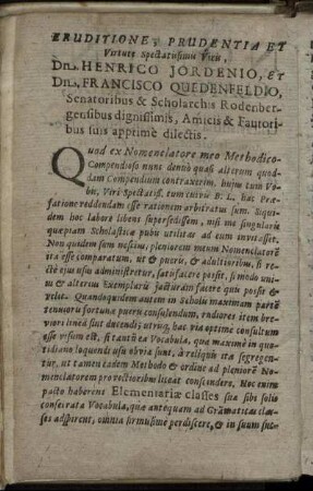 Eruditione ... Viris Dn. Henrico Jordenio, Et Dn. Francisco Quedenfeldio, Senatoribus & Scholarchis Rodenbergensibus ...