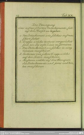 Tab. XX. Die Bewegung eines aufmarschirten Detachements, sich auf dem Marsch zu begeben