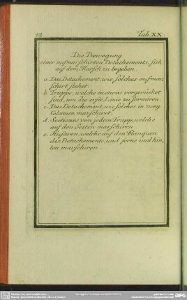 Tab. XX. Die Bewegung eines aufmarschirten Detachements, sich auf dem Marsch zu begeben