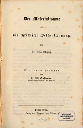 Der Materialismus und die christliche Weltanschauung : Von Otto Woysch