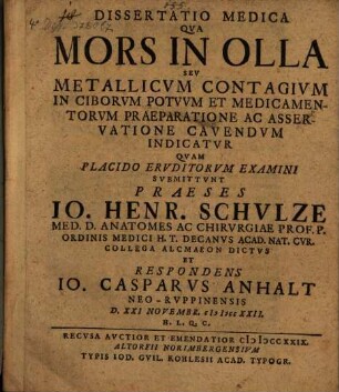 Diss. med. qua mors in olla, seu metallicum contagium in ciborum, potuum e praeparatione ac asservatione cavendum indicatur