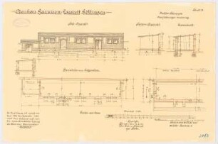 Garnisonslazarett, Göttingen Kohlenschuppen: Grundriss Erdgeschoss, Aufriss Südansicht, Seitenansicht, Querschnitte 1:100