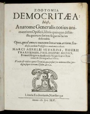 Zootomia Democritaea: Id est, Anatome Generalis totius animantium Opificii : libris quinque distincta, quorum seriem sequens facies delineabit