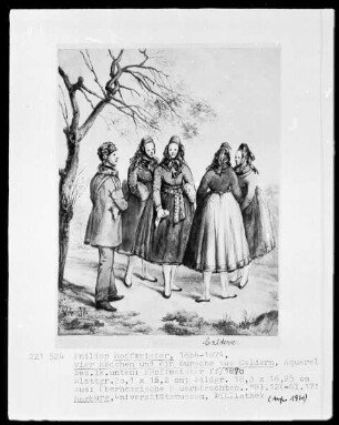 Oberhessische Bauerntrachten für den Verein für hessische Geschichte und Landeskunde — Vier Mädchen und ein Bursche aus Caldern, Folio 12