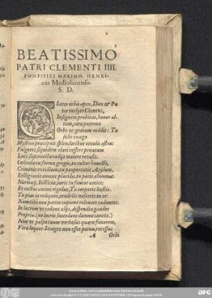 Beatissimo Patri Clementi IIII. Pontifici Maximo. Henricus Mediolanensis.
